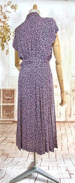 1940s Pink And Navy Blue Abstract Print Rayon Day Dress