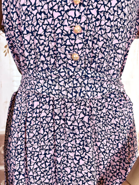 1940s Pink And Navy Blue Abstract Print Rayon Day Dress