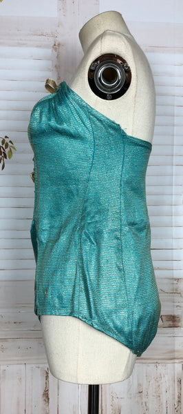 Incredible Original 1950s Turquoise And Hold Lurex Swimsuit Playsuit