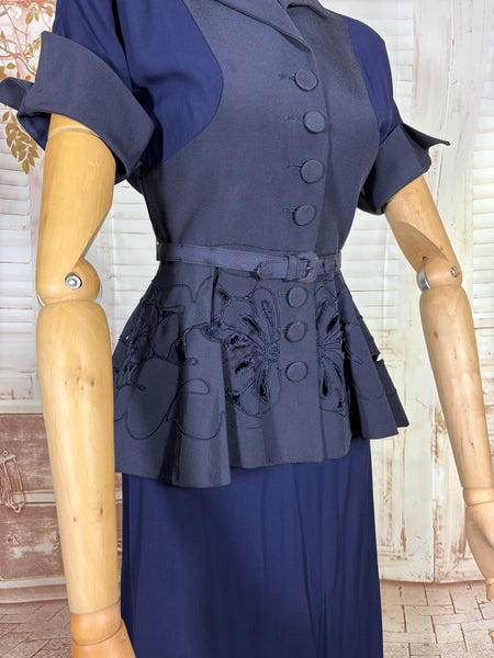 Exceptional 1940s Navy Blue Summer Suit With Pierced Peplum
