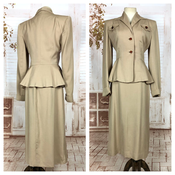 Fabulous Original 1940s Vintage Tan Beige Gabardine Peplum Skirt Suit