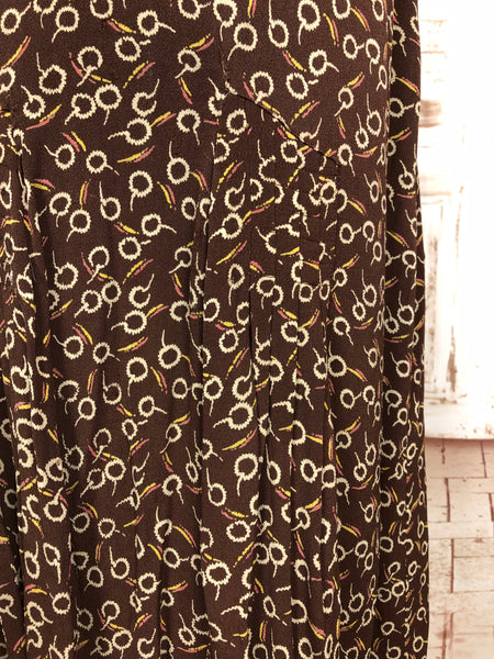 Super Rare 1930s Vintage Abstract Printed Brown Rayon Skirt Suit