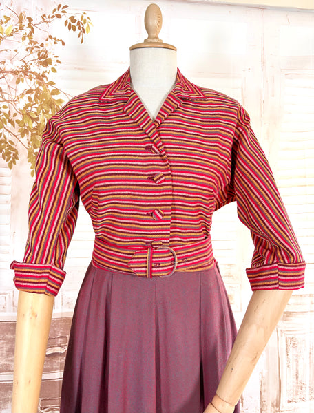 Pink and Purple Striped 1940s Day Dress By Ann Foster