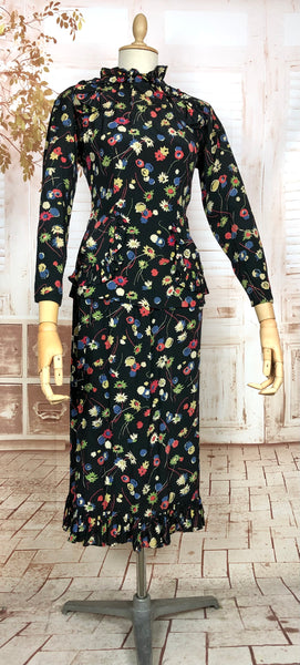 1930s Floral Rayon Crepe Skirt Suit with Ruffled Details