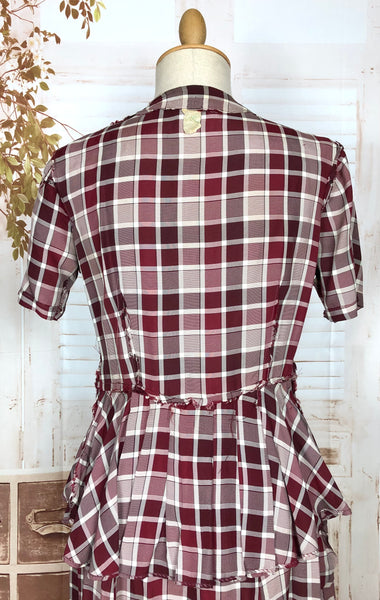 Fabulous Original 1940s Vintage Bustle Back Skirt Suit In Pink And Berry Plaid