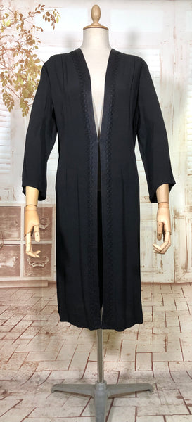 Classic Lightweight 1930s Black Crepe Coat With Soutache Trim