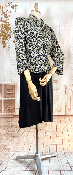 1940s Dress Suit – Scroll Print Jacket with Red Shoulder Stripe Dress