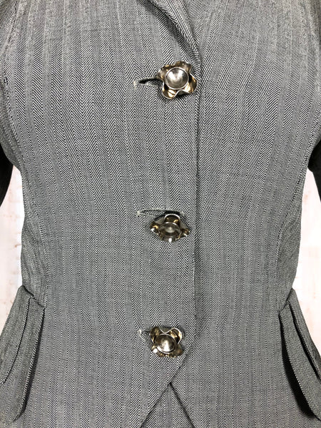 Stunning Grey 1940s Vintage Herringbone Skirt Suit With Statement Pockets By Cay Artley