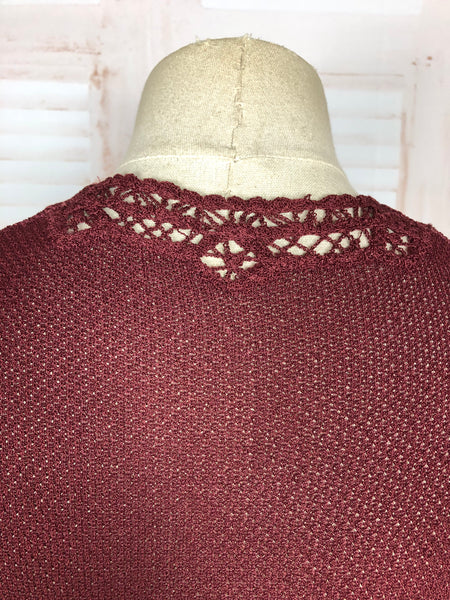 Exquisite Original 1930s Vintage Burgundy Knit Set With Lace Knit Inserts