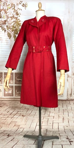 Exceptional Original 1940s Lipstick Red Coat By Gleneagles With Gold Studded Belt