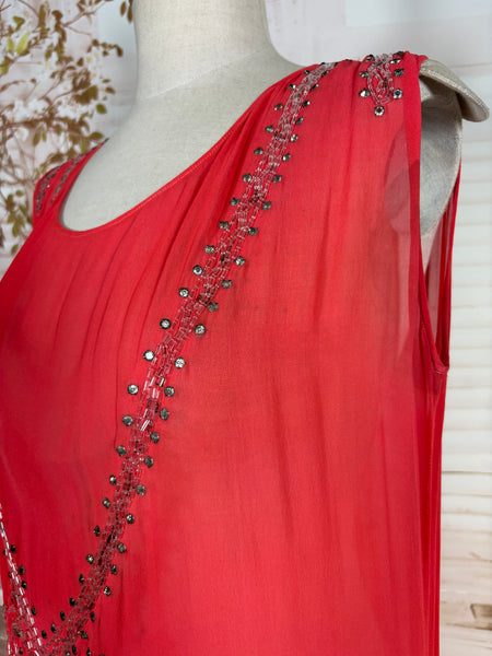 1920s Coral Silk Chiffon Beaded Flapper Dress