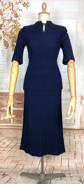 Cozy 1940s Royal Blue Knit Set with Geometric Detailing