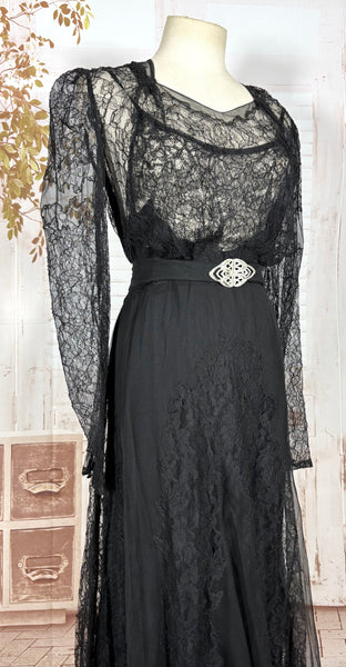 1930s Black Lace Evening Gown with Statement Buckle Detail - Femme Fatale