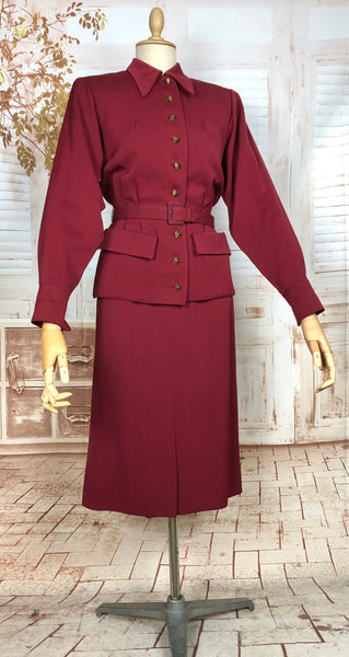 Exceptional 1940s Burgundy Red Gabardine Belted Skirt Suit By Gilbert Original