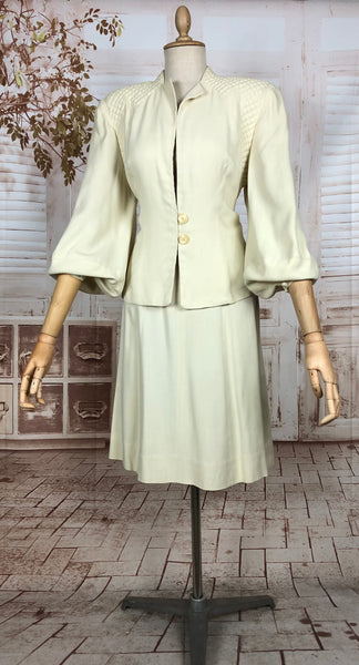 Incredible Original 1940s Vintage Off White Cream Skirt Suit With Quilted Shoulders And Huge Bishop Sleeves