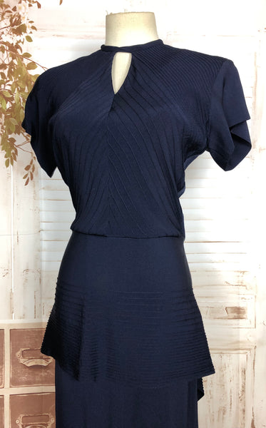 Amazing Original 1940s Vintage Navy Blue Peplum Dress With Incredible Pin Tuck Details