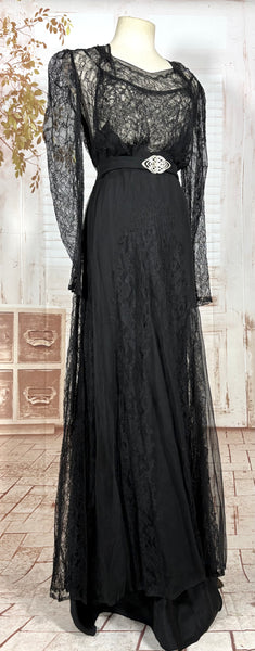 1930s Black Lace Evening Gown with Statement Buckle Detail - Femme Fatale