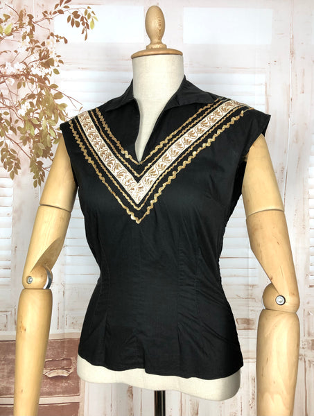 Fabulous Original 1950s Vintage Black And Gold Trimmed Patio Blouse