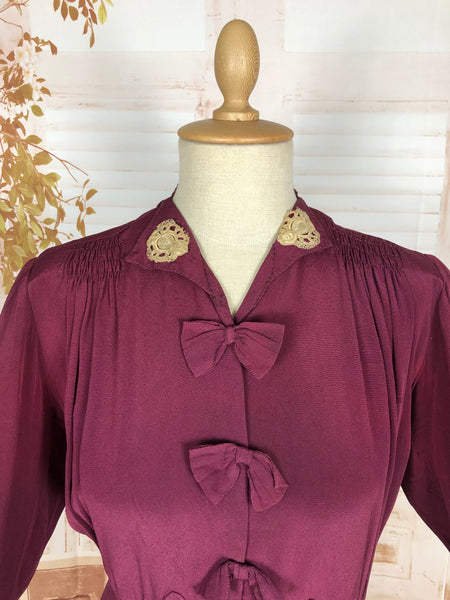 Rare Volup 1930s Burgundy Rayon Dress With Lace Accents And Bishop Sleeves