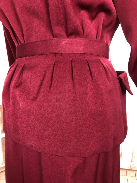 Exceptional 1940s Burgundy Red Gabardine Belted Skirt Suit By Gilbert Original