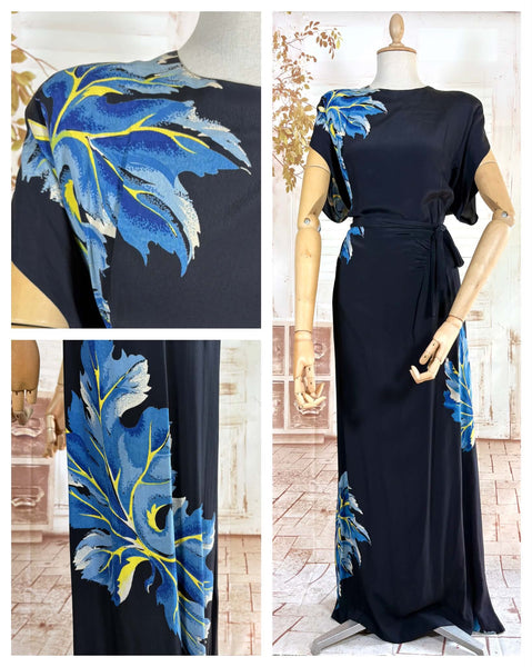 Exceptional 1940s Rayon Full Length Hawaiian Dress With Large Tropical Print