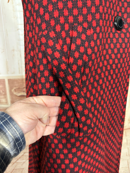 Fabulous Late 1940s Red And Black Check Coat By Betty Rose