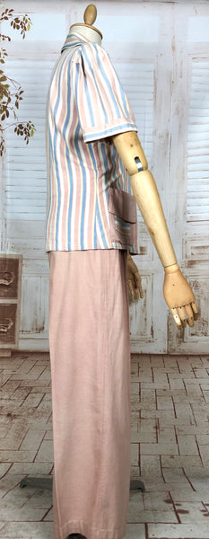 Super Rare Original Late 1930s / Early 1940s Volup Vintage Pink Candy Striped Denim Pant Suit By Edwin Blu Surf