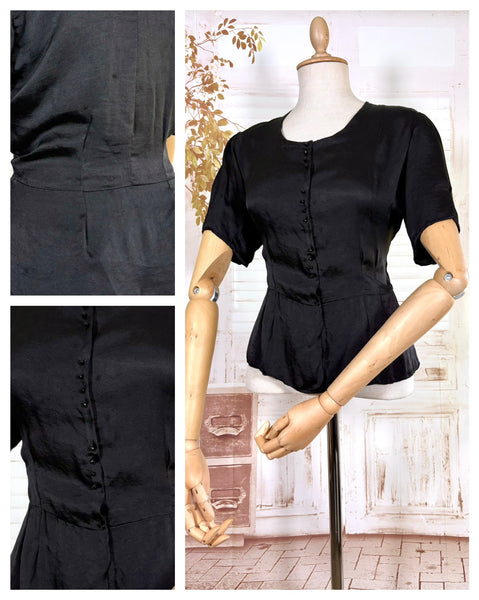 Early 1930s Black Silk Peplum Blouse – Glass Button Front Top