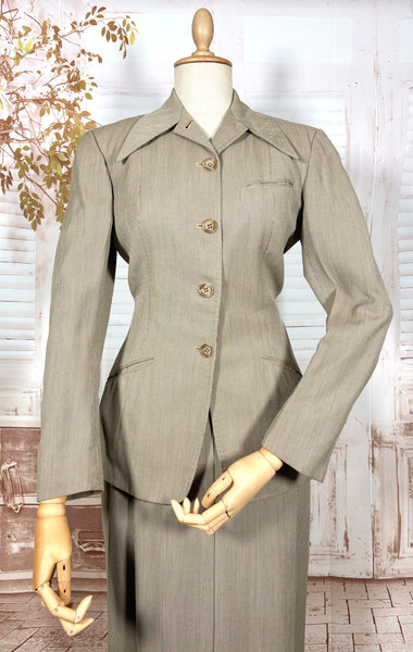 1940s Taupe Pinstripe Wool Skirt Suit – Spearpoint Collar Tailored Jacket