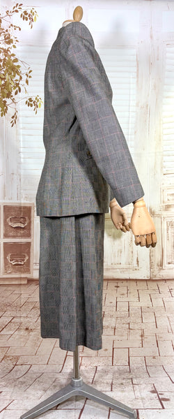 1940s Grey Checked Skirt Suit with Pink Overcheck & Button Detail