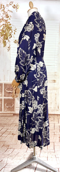 Navy Blue And White 1940s Day Dress With Large Floral Print