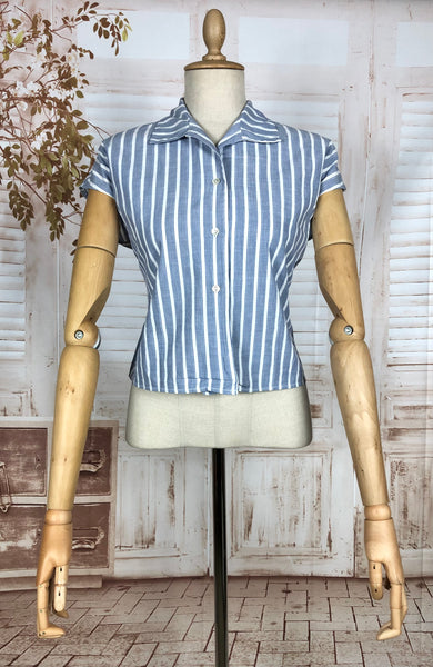 Wonderful Original 1940s Vintage Blue And White Striped Summer Blouse