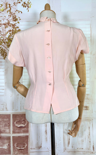 1940s Blush Pink Rayon Crepe Blouse – Lattice Openwork & Petal Embroidery