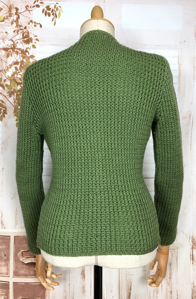 Exquisite Original 1940s Vintage Green Knit Cardigan By Cronies