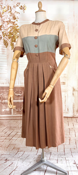 1940s Colour Block Day Dress in Mocha, Cream & Dusty Blue