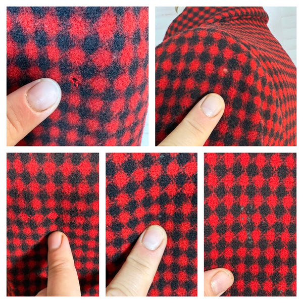 1940s Red & Black Checked Wool Swing Coat – Padded Shoulders, Oversized Collar