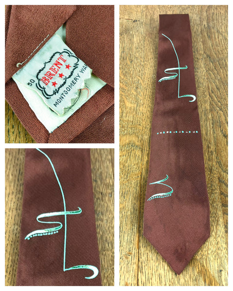 1940s/1950s Brown Rayon Swing Tie with Fishing Line & Hook Novelty Print – Brent, Montgomery Ward