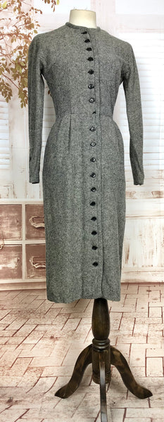 Fabulous Original Late 1950s Vintage Black And Grey Tweed Wriggle Dress With Button Details