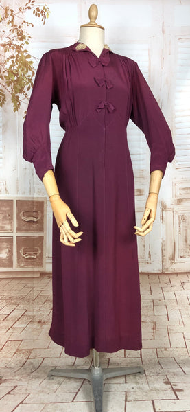 Rare Volup 1930s Burgundy Rayon Dress With Lace Accents And Bishop Sleeves