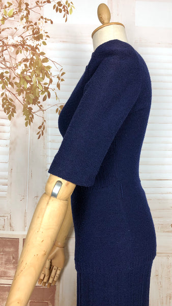 Cozy 1940s Royal Blue Knit Set with Geometric Detailing