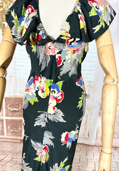 Rare 1930s Black Floral Silk Evening Dress with Ruffled Collar