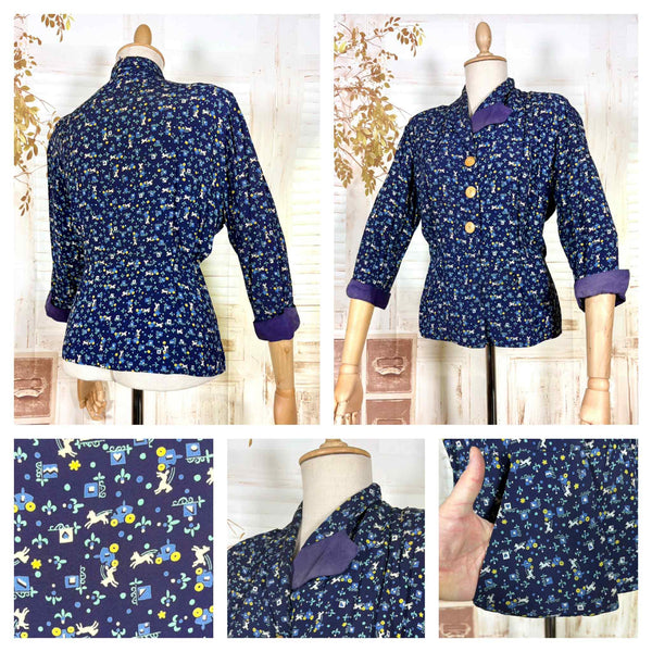 Fabulous Blue Novelty Horse And Carriage Print Volup 1940s Blazer