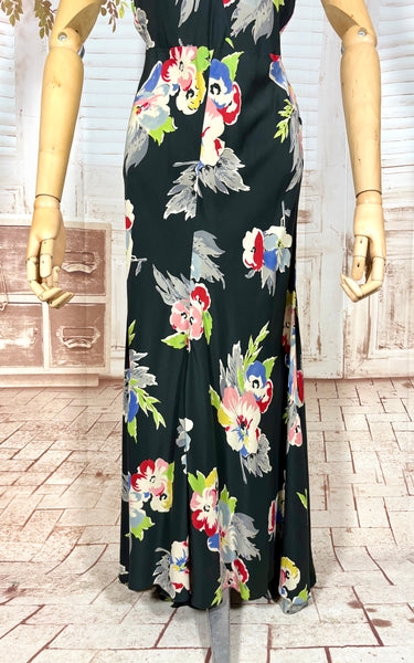 Rare 1930s Black Floral Silk Evening Dress with Ruffled Collar
