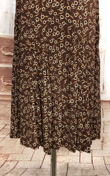 Super Rare 1930s Vintage Abstract Printed Brown Rayon Skirt Suit