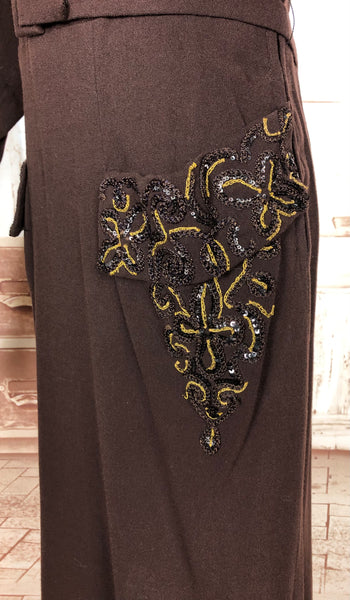 Exquisite Original Late 1930s / Early 1940s Vintage Chocolate Brown Dress With Mustard Yellow Soutache Embroidery