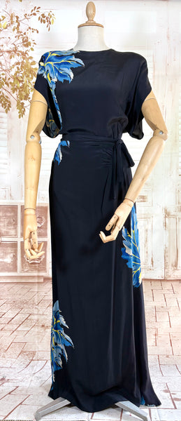 Exceptional 1940s Rayon Full Length Hawaiian Dress With Large Tropical Print