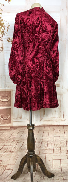 Vibrant Original 1960s Vintage Burgundy Red Crushed Velvet Dress With Bishop Sleeves Japanese