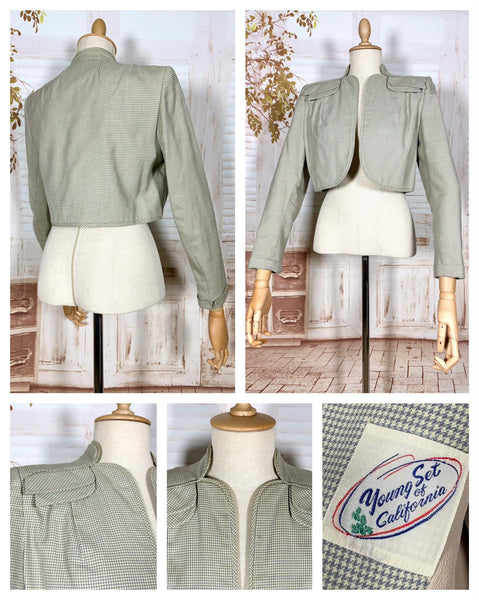 Grey Micro Check 1940s Cropped Bolero Jacket With Statement Shoulders