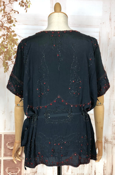 Exceptionally Rare Original 1920s Volup Navy Blue Flapper Blouse With Red Beading By French Couturier Adair House Of France