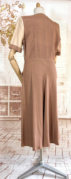 1940s Colour Block Day Dress in Mocha, Cream & Dusty Blue